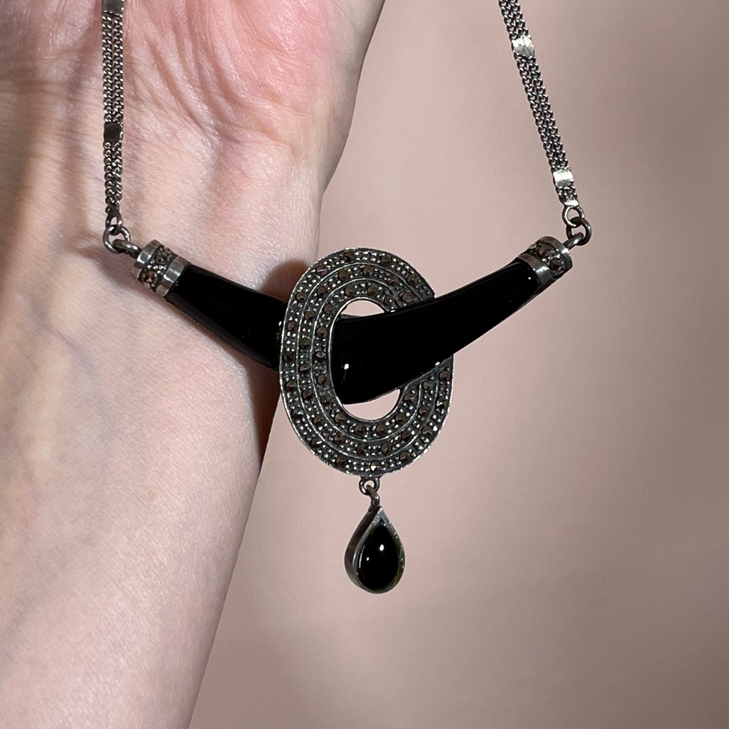 Vintage Antique Art Deco Sterling Silver Onyx Modernist Minimalist Necklace 16in